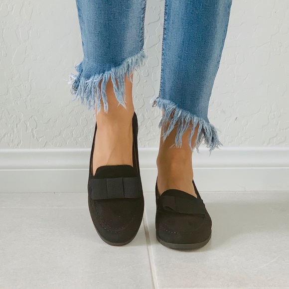 Black Oversized Bow Slip On Boyfriend Loafer Flats - Picture 5 of 8